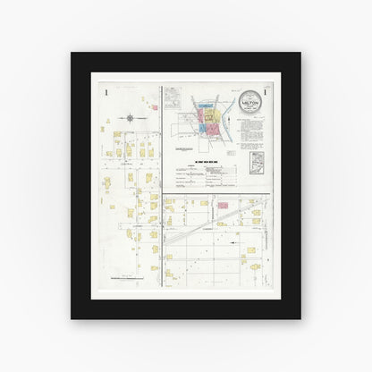Old map wall art mockup — black gallery frame with white mat — Sanborn Fire Insurance Map from Milton, Wayne County, Indiana (1928), Sheet #0001