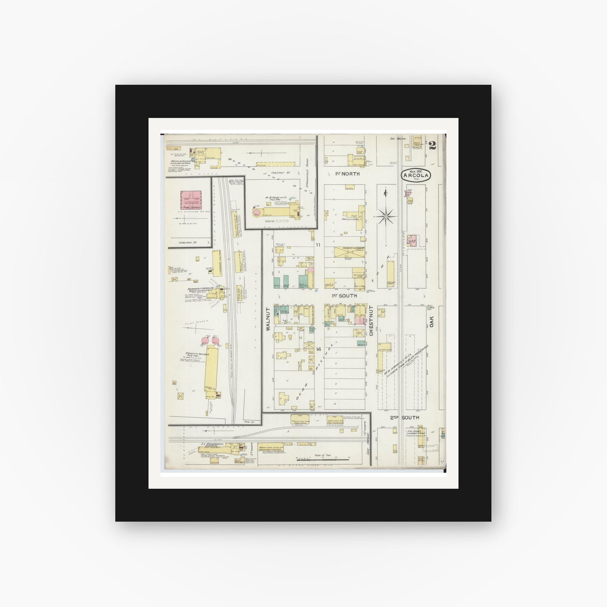 Old map wall art mockup — black gallery frame with white mat — Sanborn Fire Insurance Map from Arcola, Douglas County, Illinois (1892), Sheet #0002