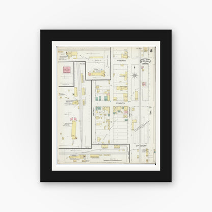 Old map wall art mockup — black gallery frame with white mat — Sanborn Fire Insurance Map from Arcola, Douglas County, Illinois (1892), Sheet #0002