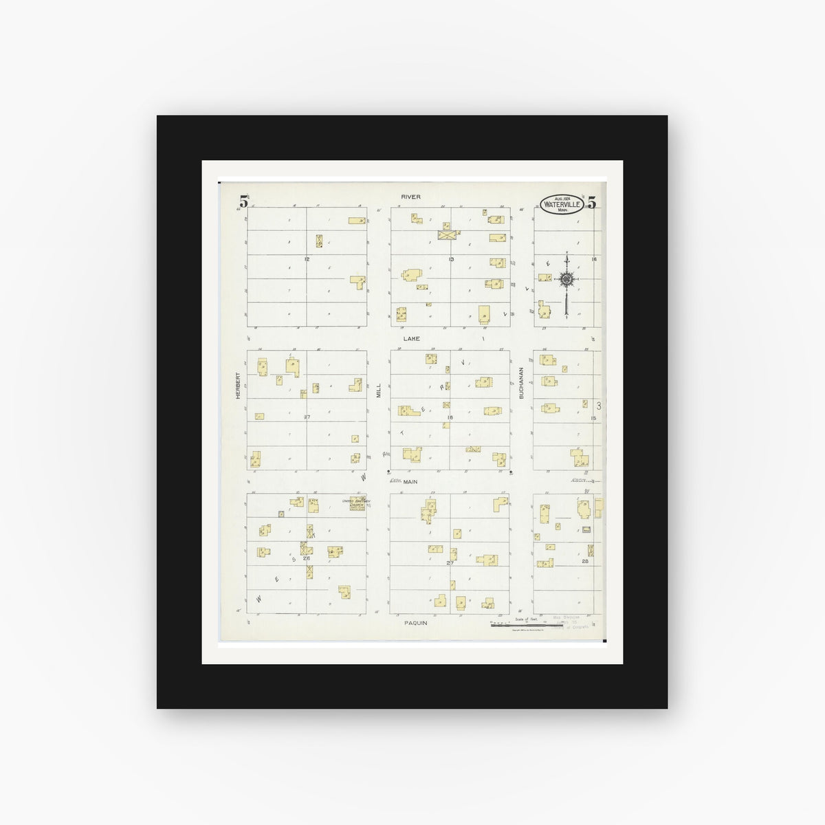 Old map wall art mockup — black gallery frame with white mat — Sanborn Fire Insurance Map from Waterville, Le Sueur County, Minnesota (1924), Sheet #0005