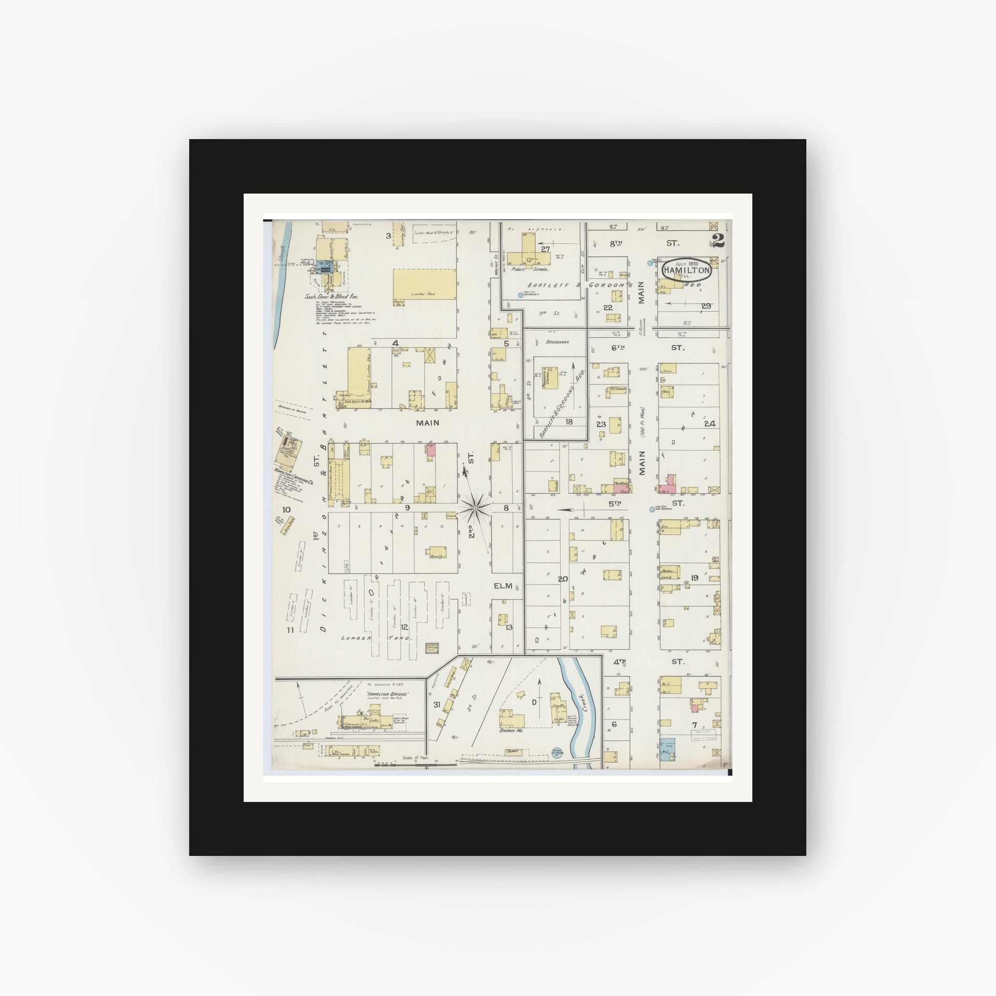 Old map wall art mockup — black gallery frame with white mat — Sanborn Fire Insurance Map from Hamilton, Hancock County, Illinois (1893), Sheet #0002