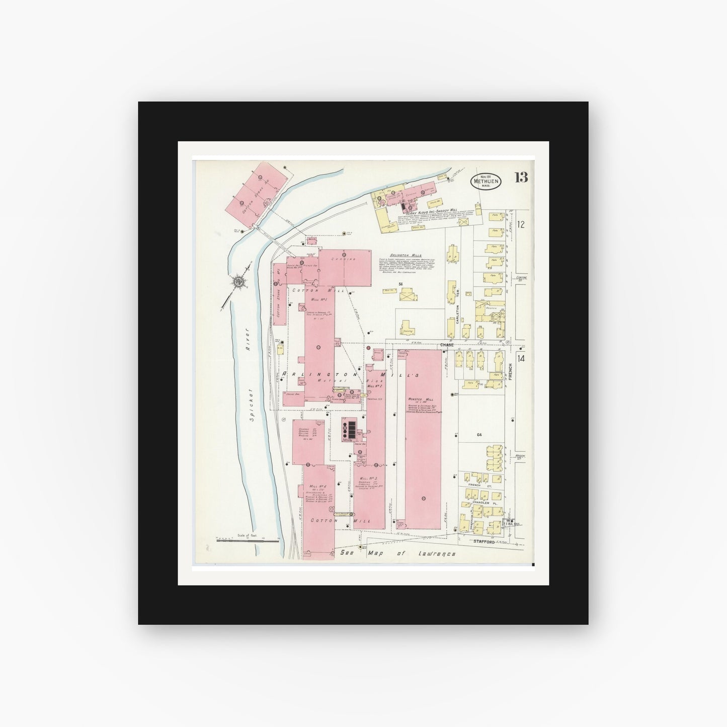 Old map wall art mockup — black gallery frame with white mat — Sanborn Fire Insurance Map from Methuen, Essex County, Massachusetts (1911), Sheet #0013