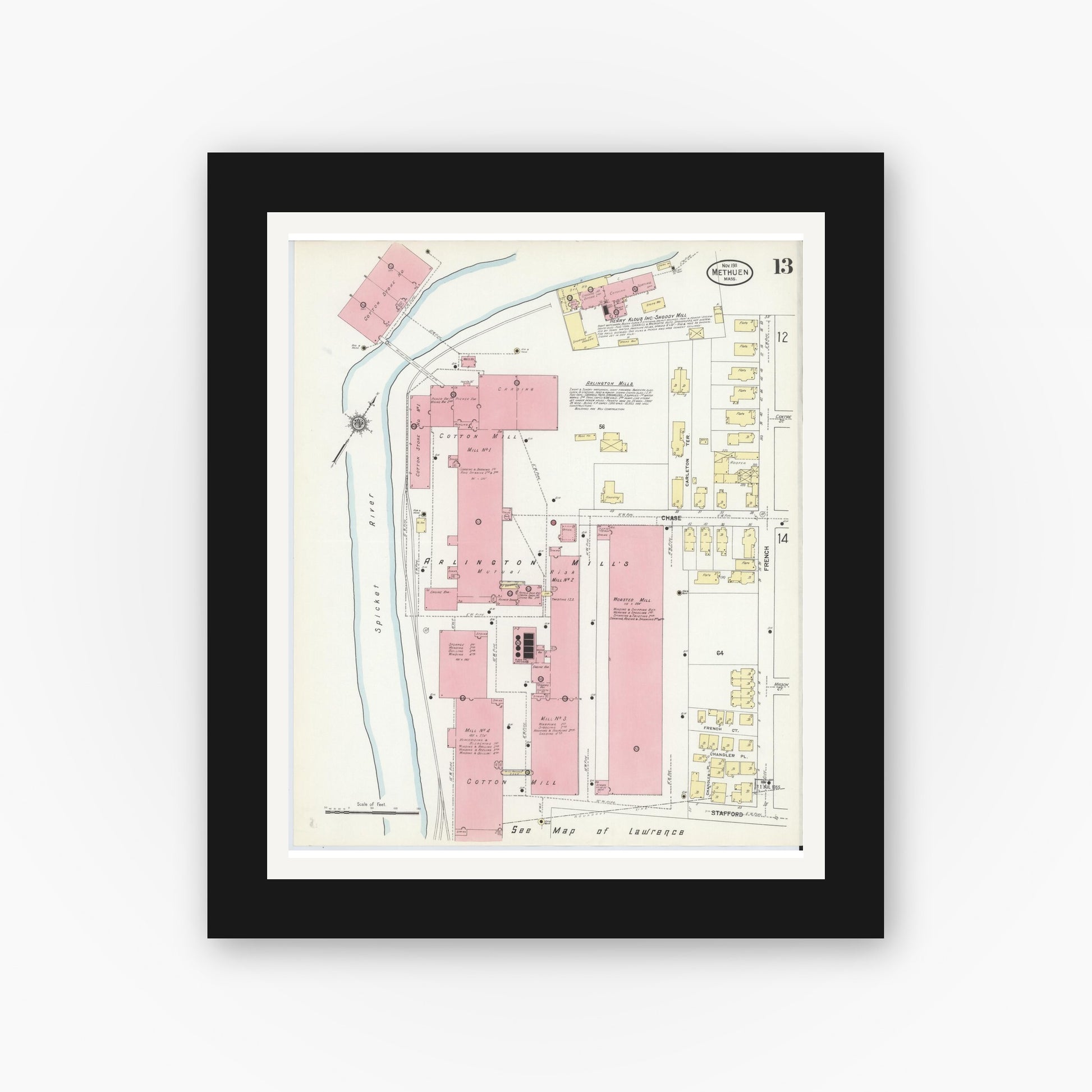 Old map wall art mockup — black gallery frame with white mat — Sanborn Fire Insurance Map from Methuen, Essex County, Massachusetts (1911), Sheet #0013