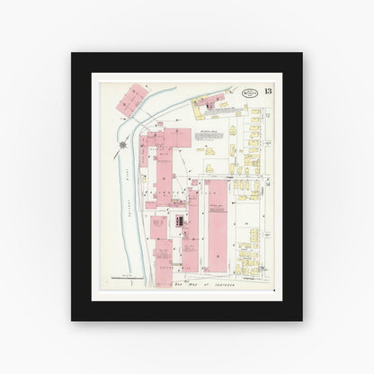 Old map wall art mockup — black gallery frame with white mat — Sanborn Fire Insurance Map from Methuen, Essex County, Massachusetts (1911), Sheet #0013