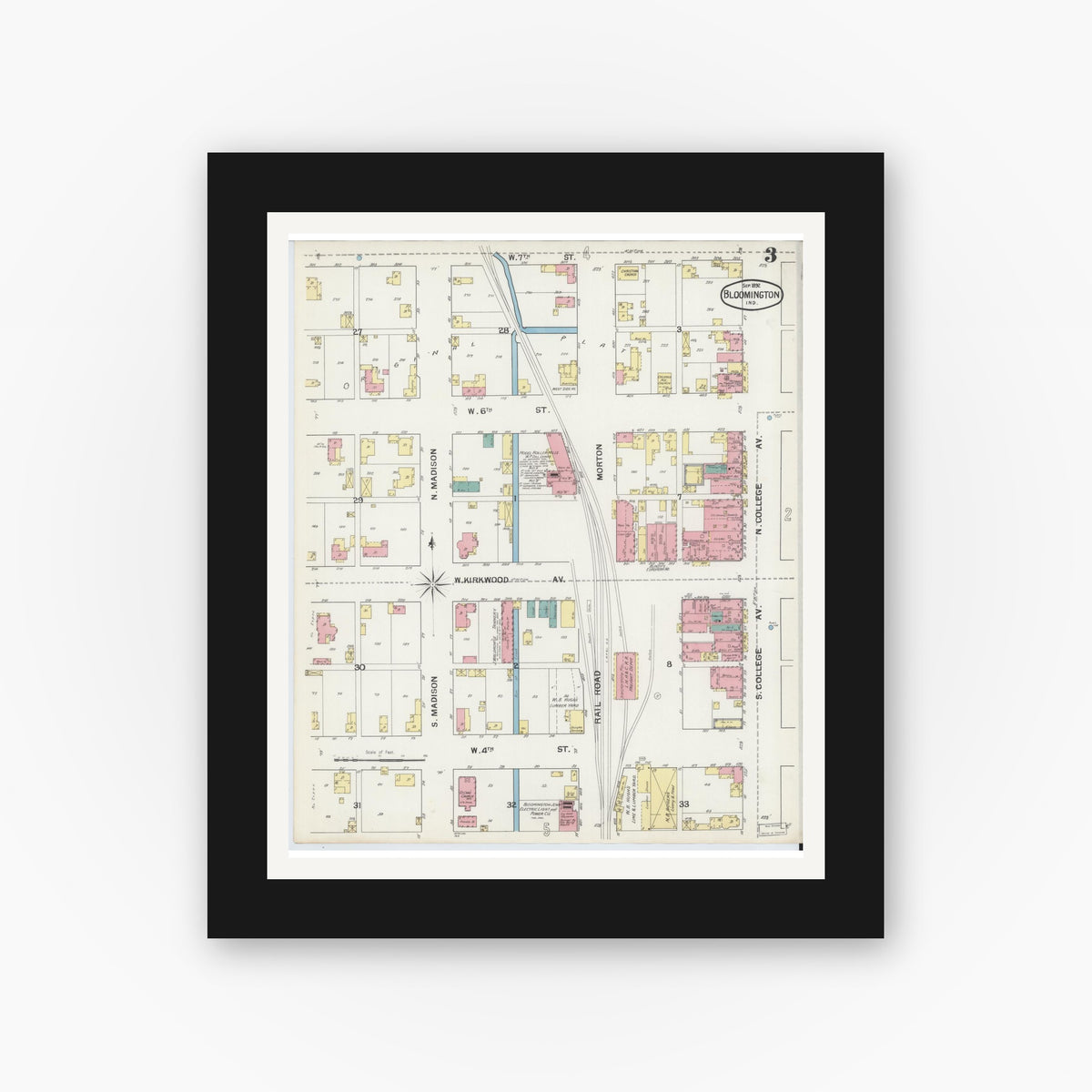 Old map wall art mockup — black gallery frame with white mat — Sanborn Fire Insurance Map from Bloomington, Monroe County, Indiana (1892), Sheet #0003