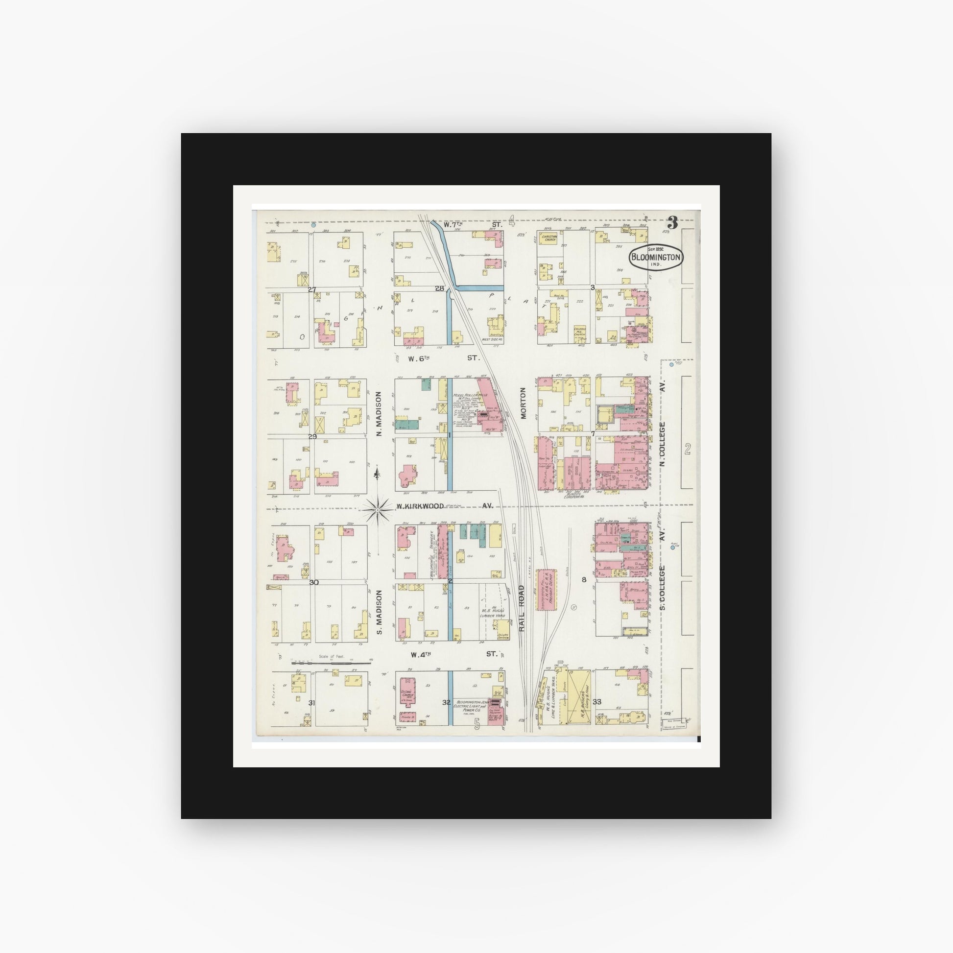 Old map wall art mockup — black gallery frame with white mat — Sanborn Fire Insurance Map from Bloomington, Monroe County, Indiana (1892), Sheet #0003