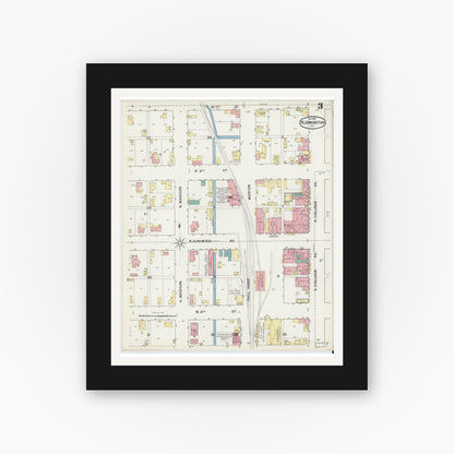 Old map wall art mockup — black gallery frame with white mat — Sanborn Fire Insurance Map from Bloomington, Monroe County, Indiana (1892), Sheet #0003