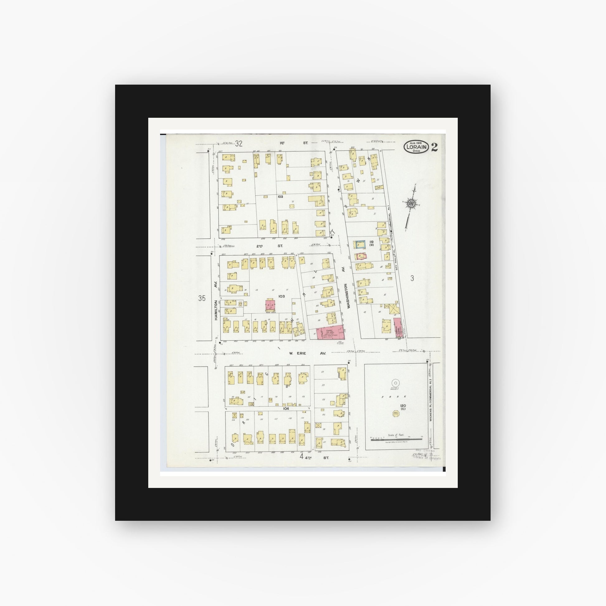 Old map wall art mockup — black gallery frame with white mat — Sanborn Fire Insurance Map from Lorain, Lorain County, Ohio (1918), Sheet #0002