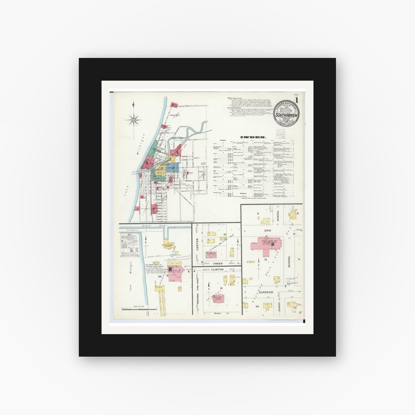 Old map wall art mockup — black gallery frame with white mat — Sanborn Fire Insurance Map from South Haven, Van Buren County, Michigan (1908), Sheet #0001
