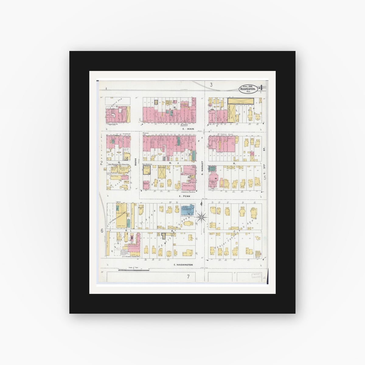 Old map wall art mockup — black gallery frame with white mat — Sanborn Fire Insurance Map from Hoopeston, Vermilion County, Illinois (1906), Sheet #0004