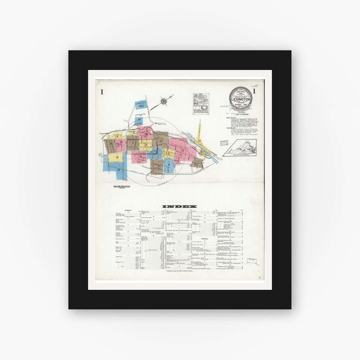 Old map wall art mockup — black gallery frame with white mat — Sanborn Fire Insurance Map from Lexington, Independent Cities, Virginia (1926) - Complete Map Set
