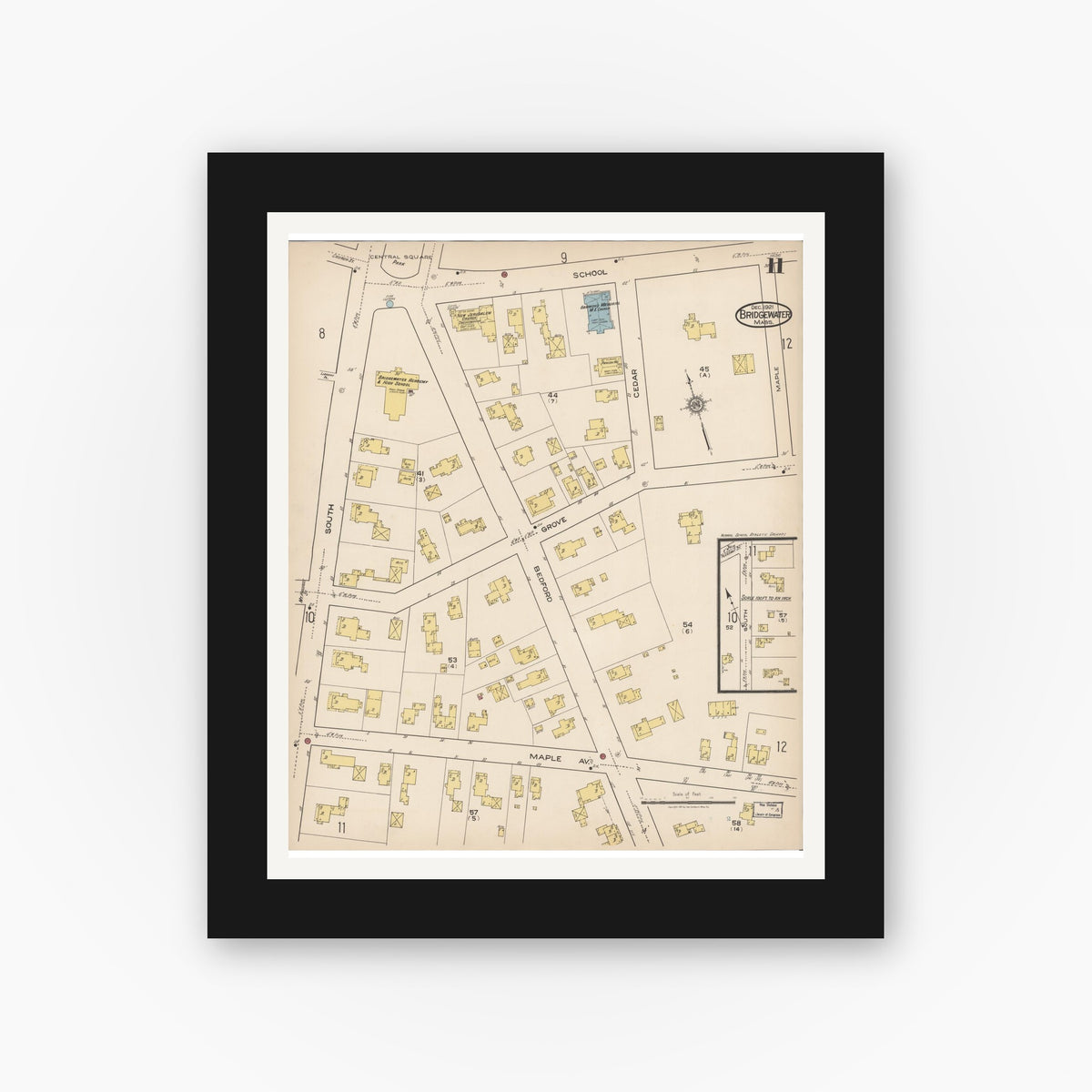 Old map wall art mockup — black gallery frame with white mat — Sanborn Fire Insurance Map from Bridgewater, Plymouth County, Massachusetts (1921), Sheet #0011
