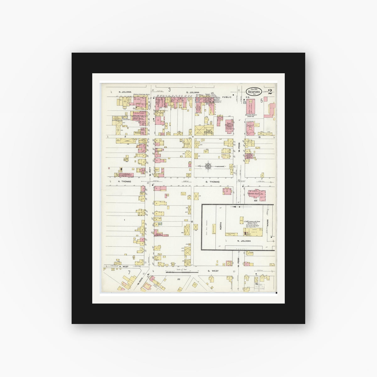 Old map wall art mockup — black gallery frame with white mat — Sanborn Fire Insurance Map from Bedford, Bedford County, Pennsylvania (1912), Sheet #0002
