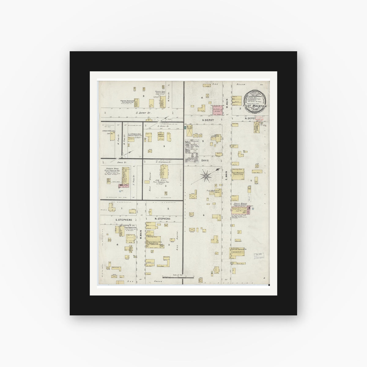 Old map wall art mockup — black gallery frame with white mat — Sanborn Fire Insurance Map from Pilot Mountain, Surry County, North Carolina (1896), Sheet #0001