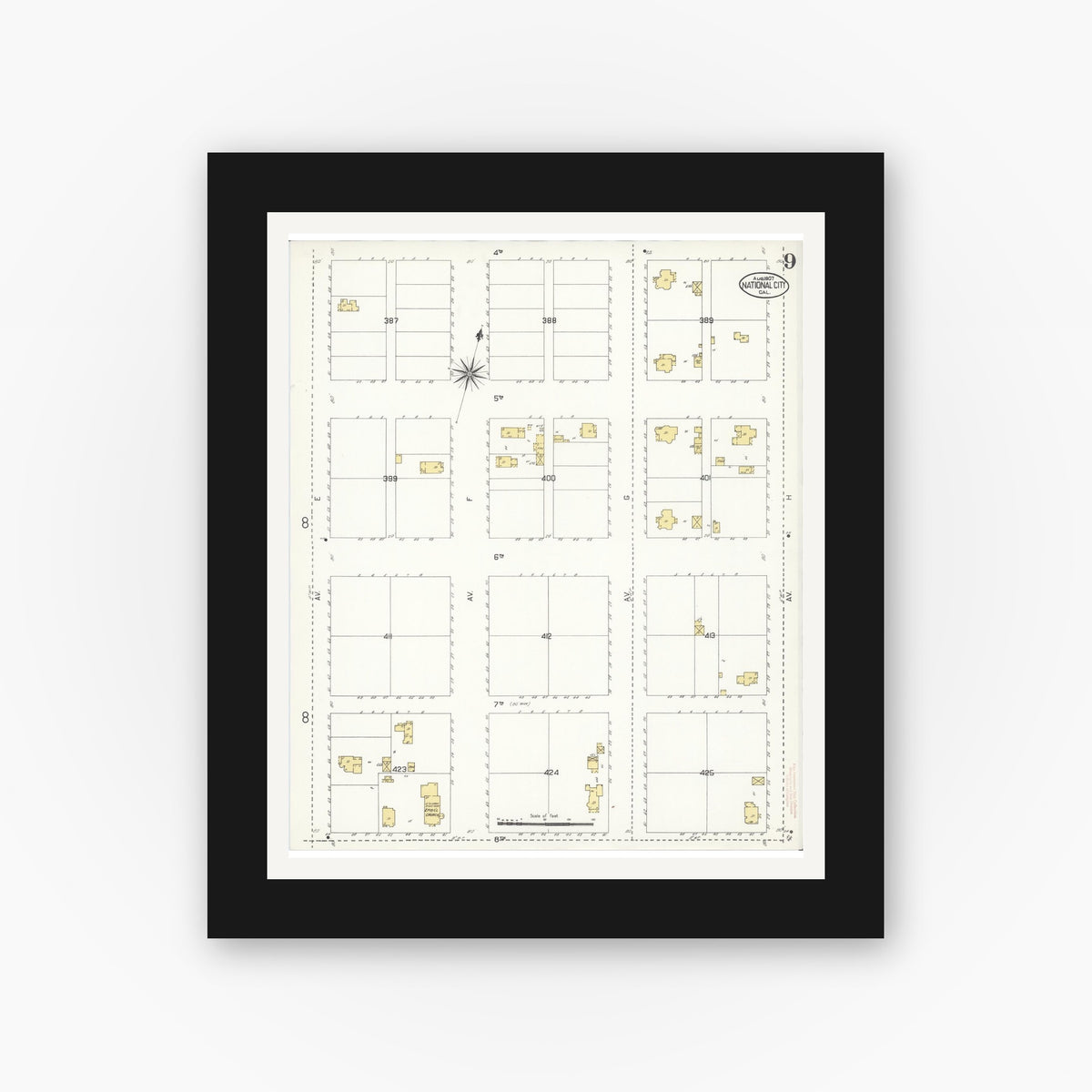 Old map wall art mockup — black gallery frame with white mat — Sanborn Fire Insurance Map from National City, San Diego County, California (1907), Sheet #0009