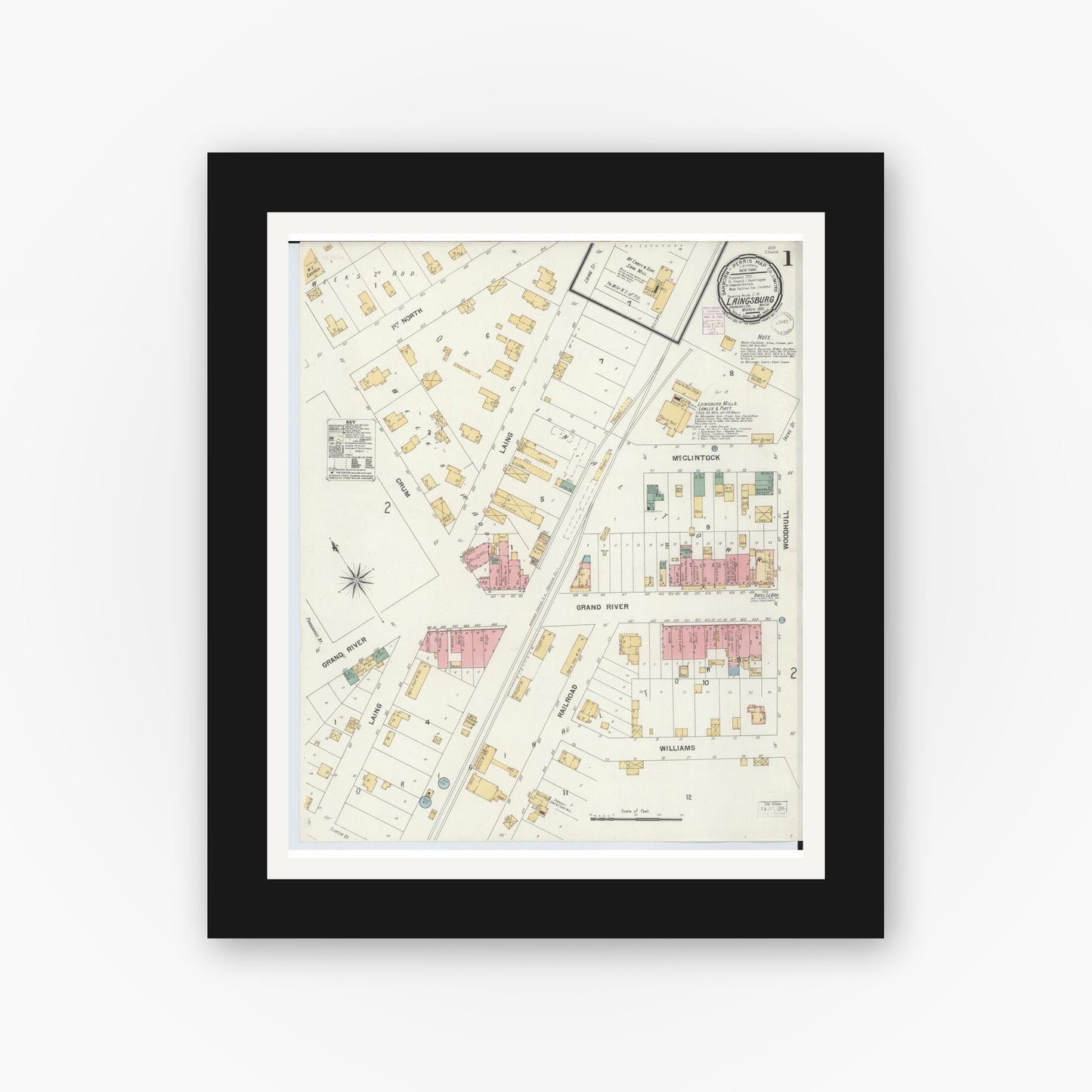 Old map wall art mockup — black gallery frame with white mat — Sanborn Fire Insurance Map from Laingsburg, Shiawassee County, Michigan (1901) - Complete Map Set