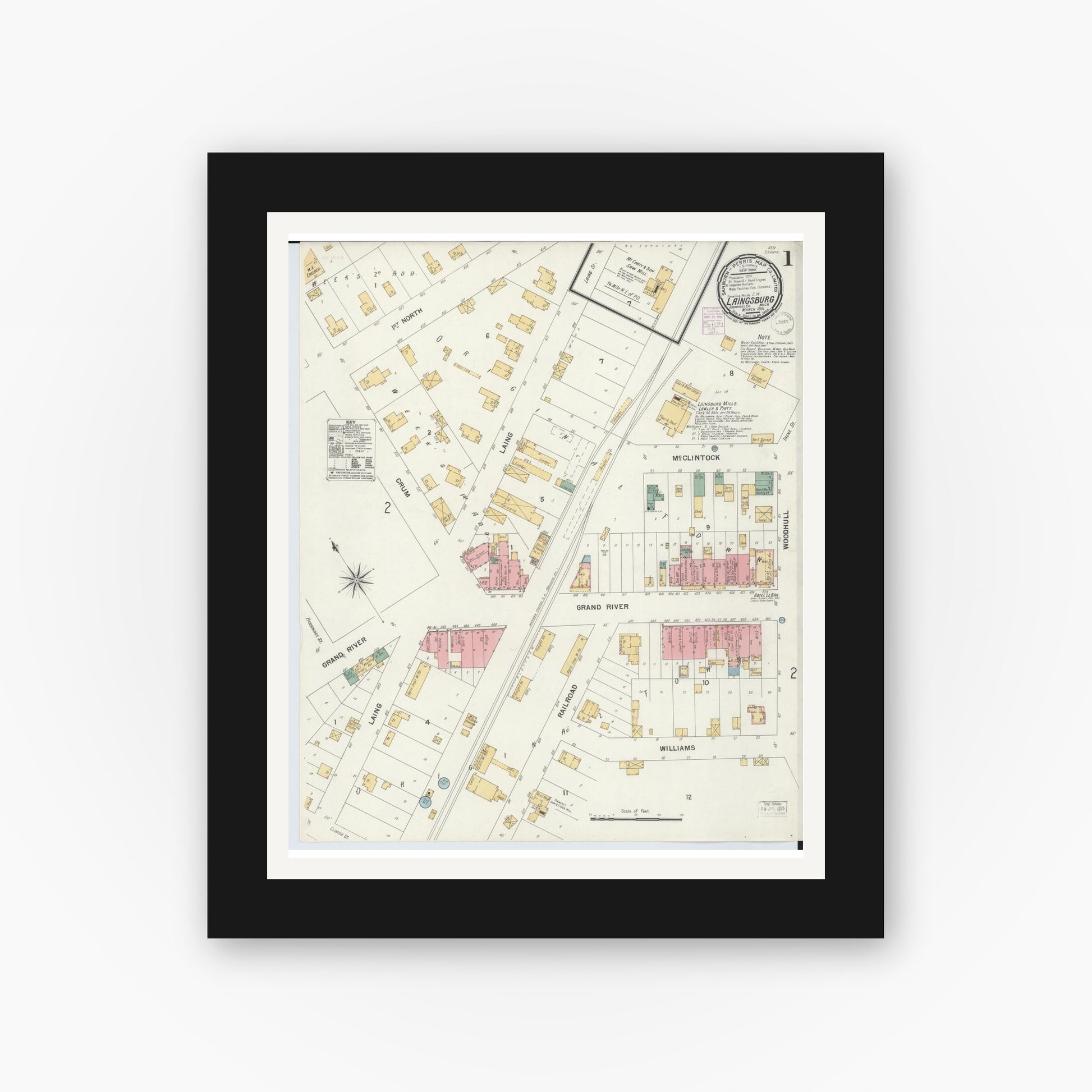 Old map wall art mockup — black gallery frame with white mat — Sanborn Fire Insurance Map from Laingsburg, Shiawassee County, Michigan (1901) - Complete Map Set