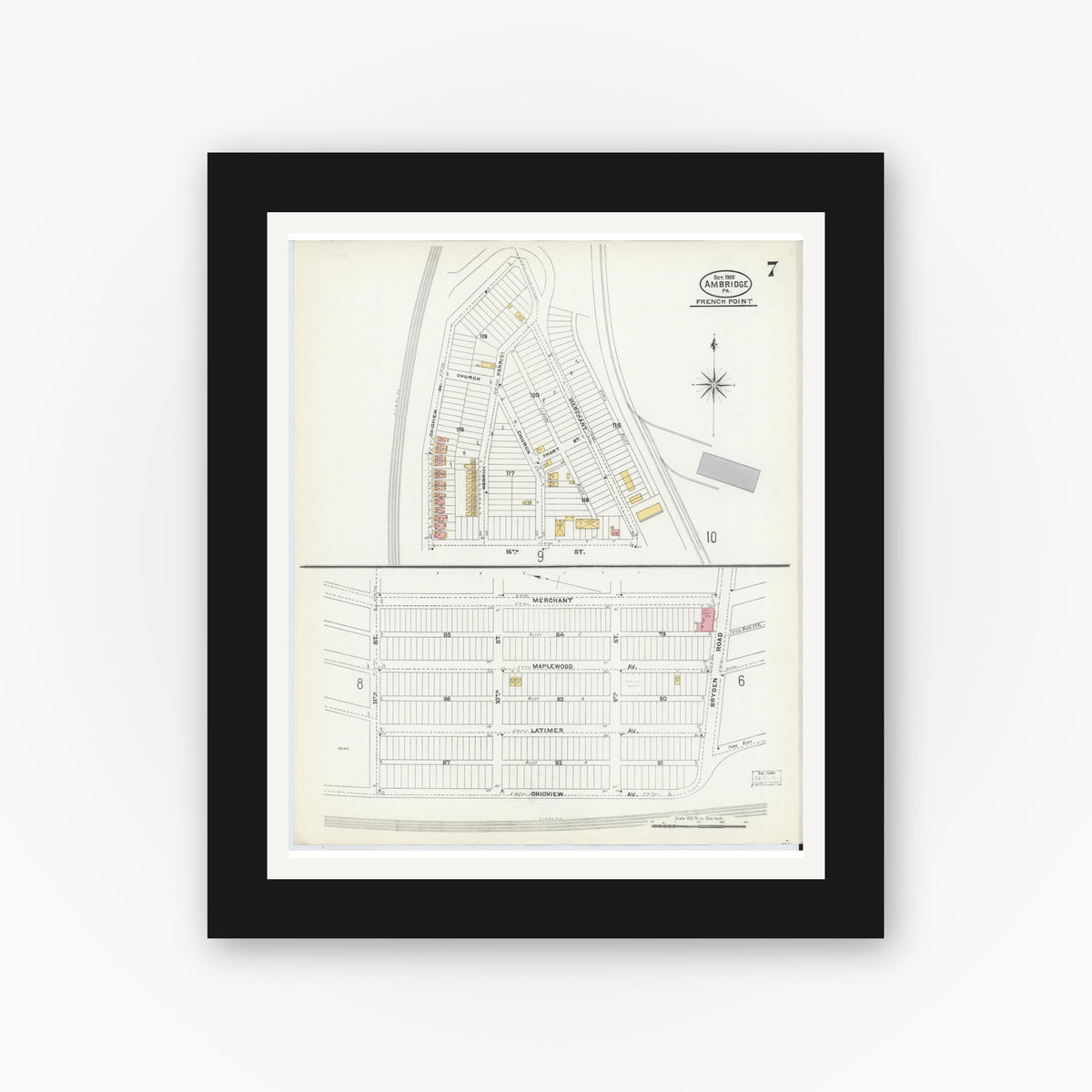 Old map wall art mockup — black gallery frame with white mat — Sanborn Fire Insurance Map from Ambridge, Beaver County, Pennsylvania (1905), Sheet #0007