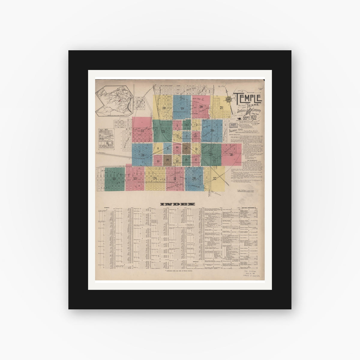Old map wall art mockup — black gallery frame with white mat — Sanborn Fire Insurance Map from Temple, Bell County, Texas (1922), Sheet #0001