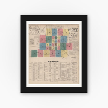 Old map wall art mockup — black gallery frame with white mat — Sanborn Fire Insurance Map from Temple, Bell County, Texas (1922), Sheet #0001