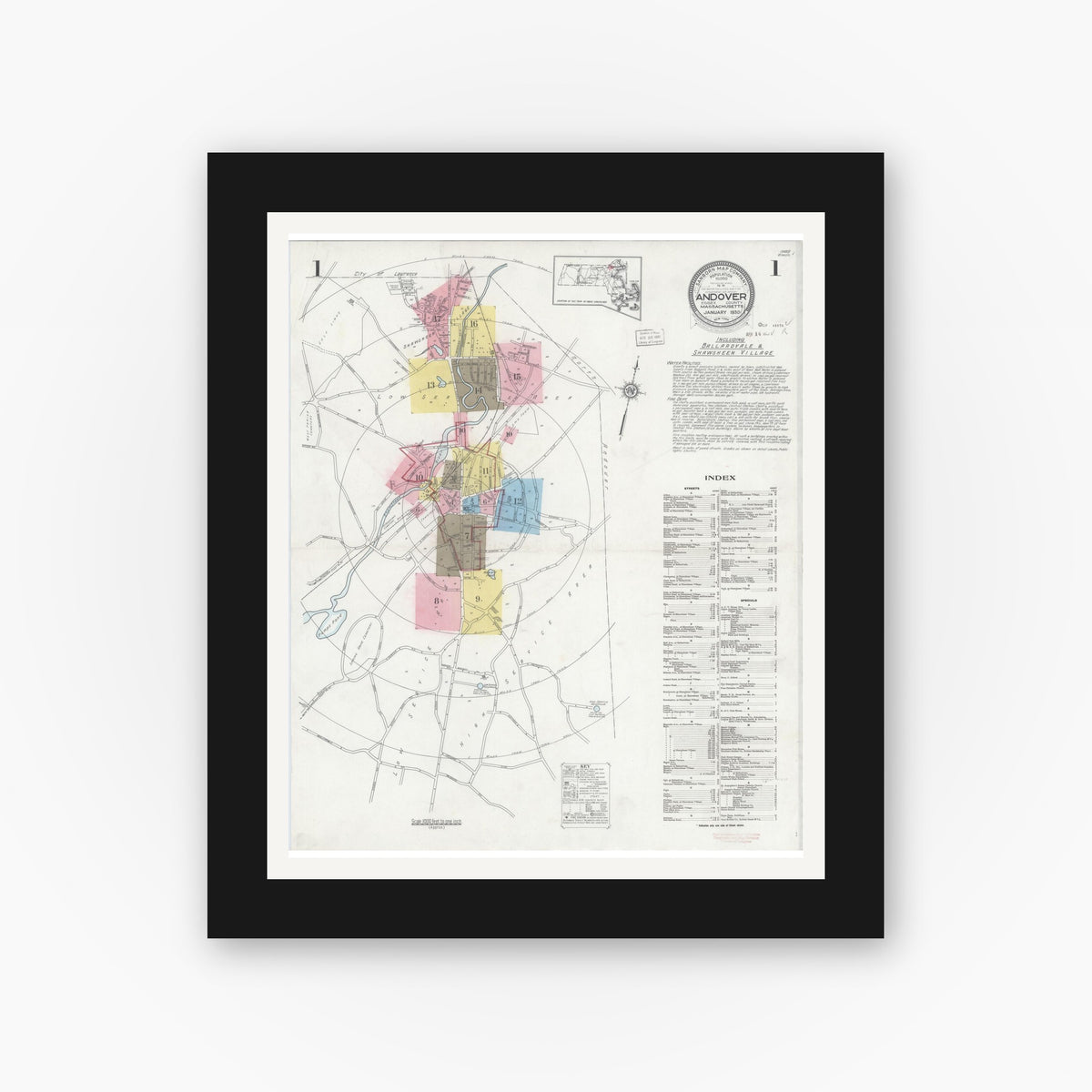 Old map wall art mockup — black gallery frame with white mat — Sanborn Fire Insurance Map from Andover, Essex County, Massachusetts (1930) - Complete Map Set