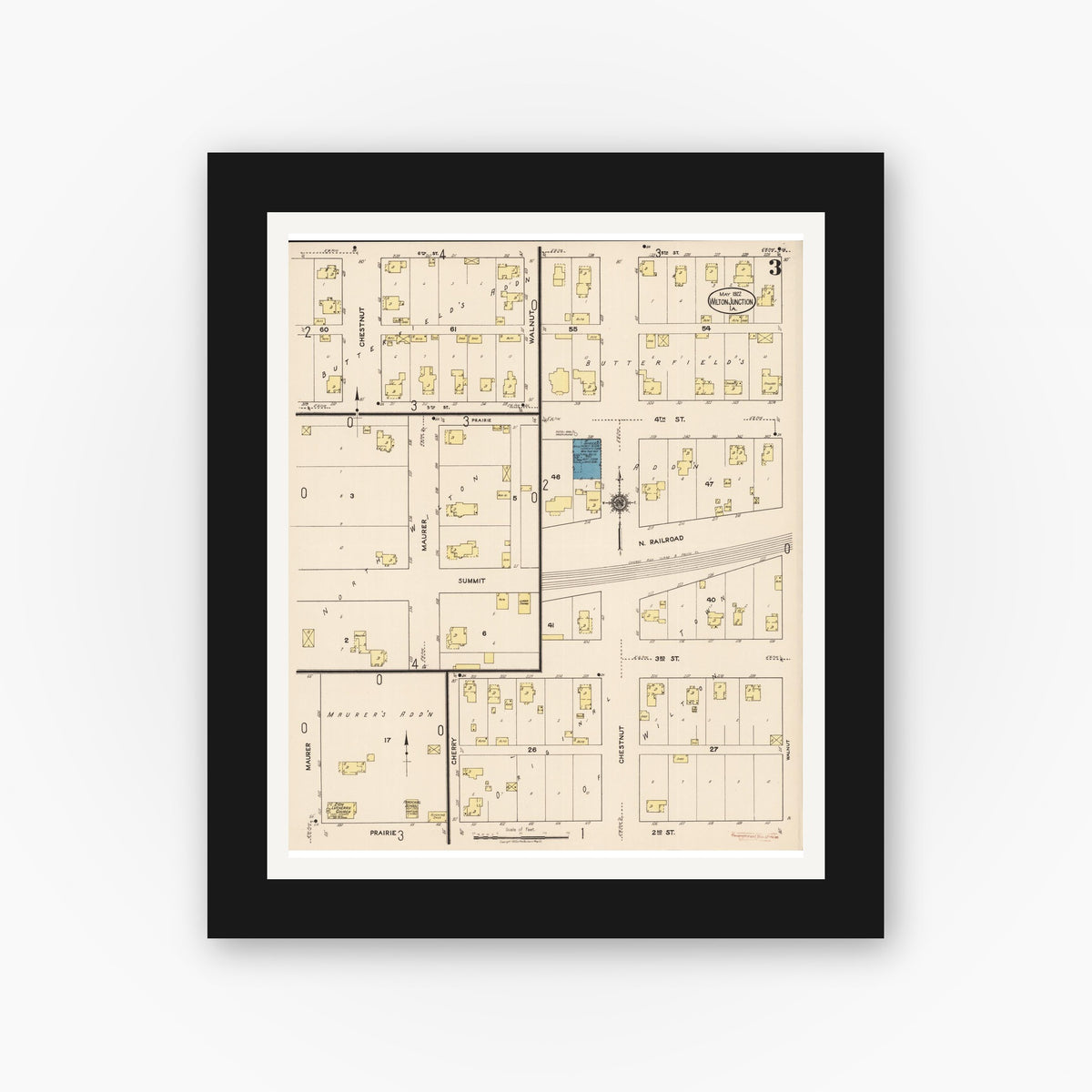 Old map wall art mockup — black gallery frame with white mat — Sanborn Fire Insurance Map from Wilton Junction, Muscatine County, Iowa (1922), Sheet #0003