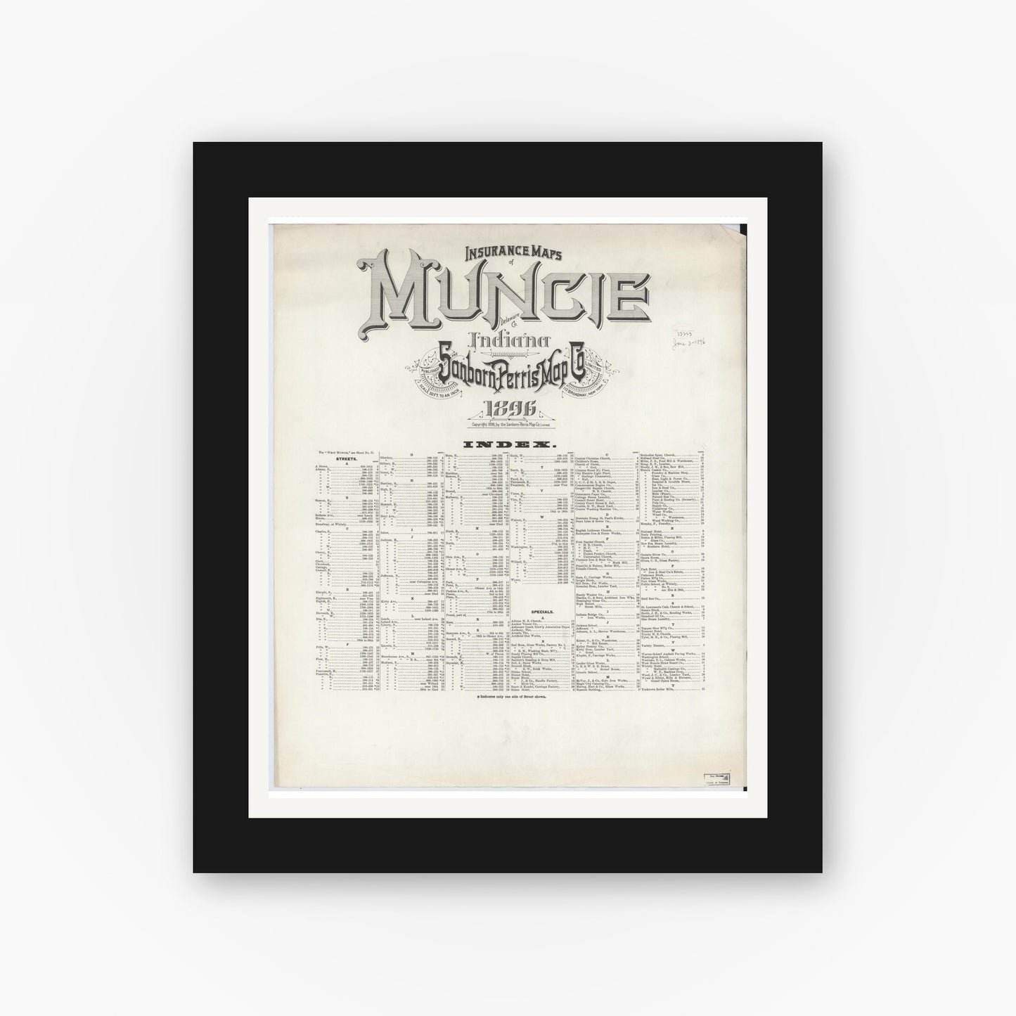 Old map wall art mockup — black gallery frame with white mat — Sanborn Fire Insurance Map from Muncie, Delaware County, Indiana (1896), Sheet #0001