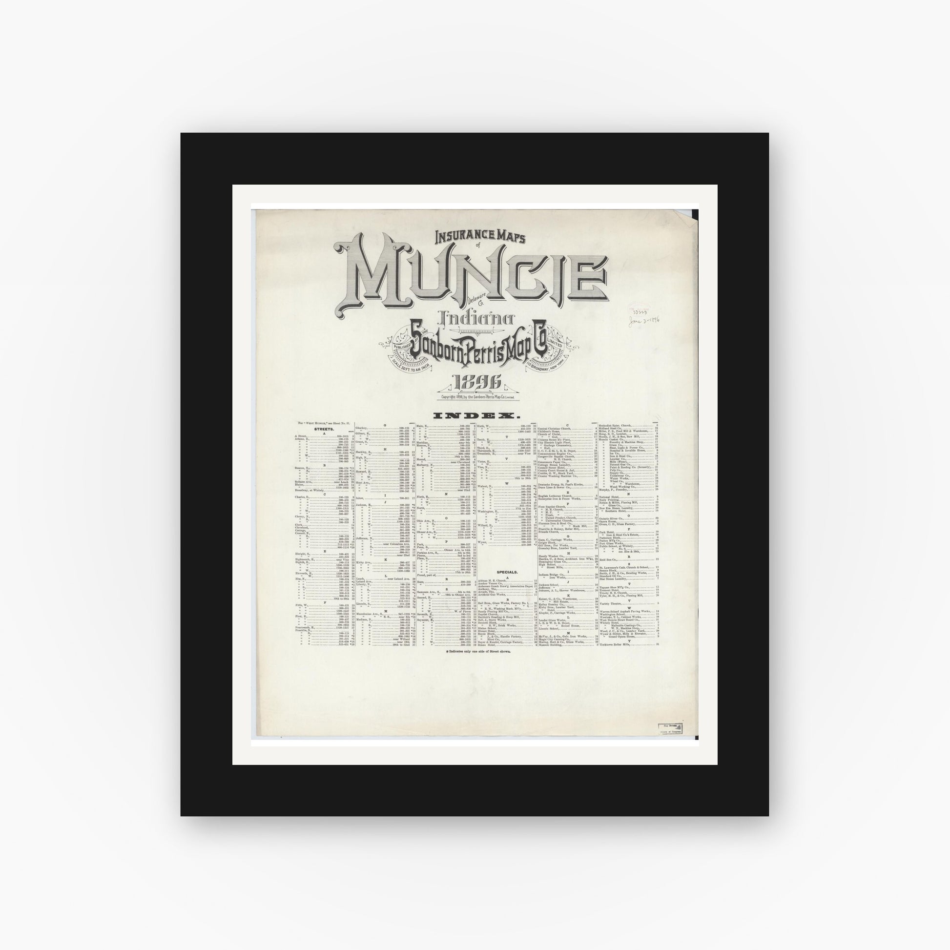 Old map wall art mockup — black gallery frame with white mat — Sanborn Fire Insurance Map from Muncie, Delaware County, Indiana (1896), Sheet #0001