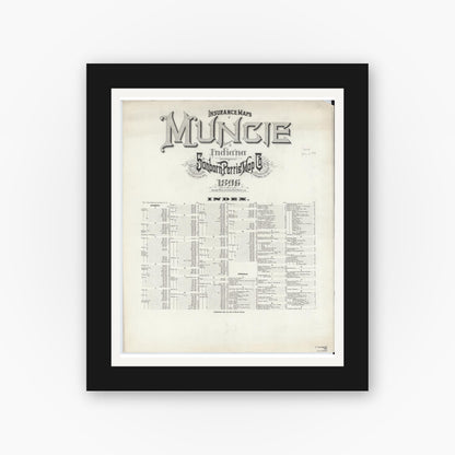 Old map wall art mockup — black gallery frame with white mat — Sanborn Fire Insurance Map from Muncie, Delaware County, Indiana (1896), Sheet #0001
