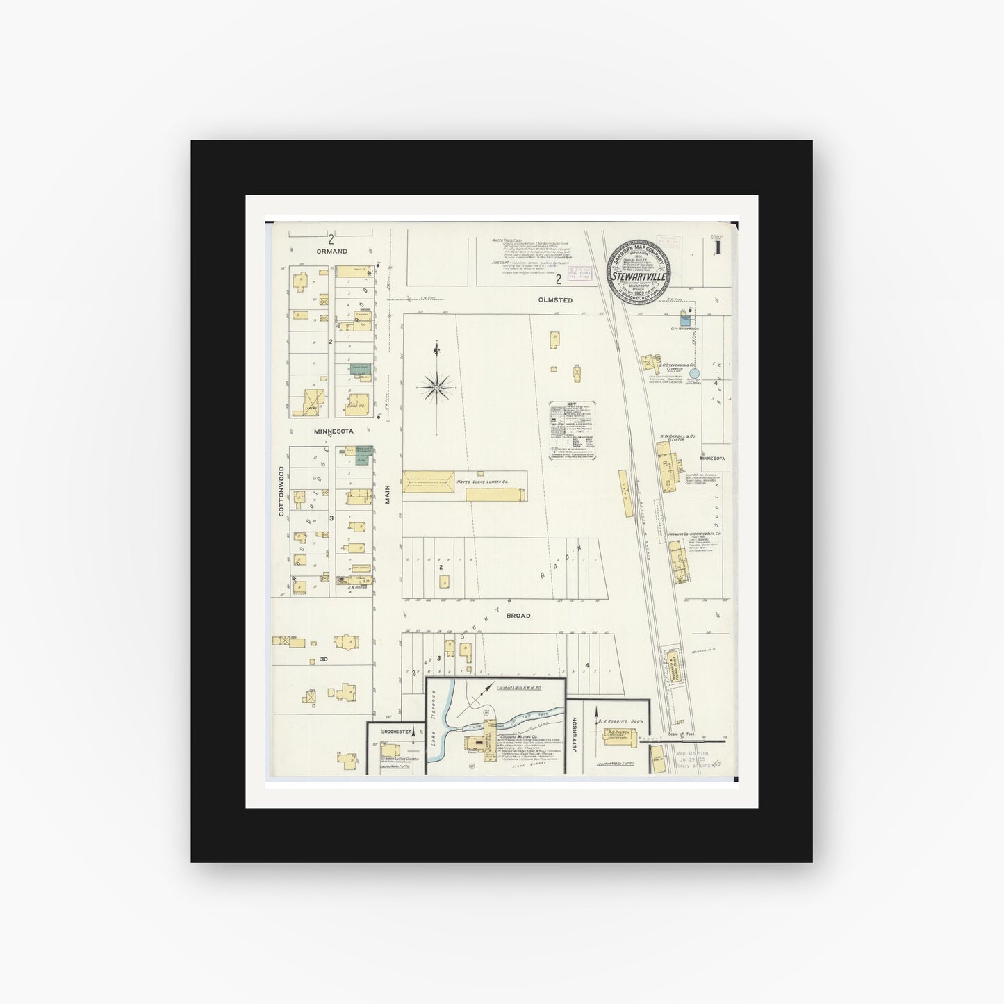 Old map wall art mockup — black gallery frame with white mat — Sanborn Fire Insurance Map from Stewartville, Olmsted County, Minnesota (1909) - Complete Map Set
