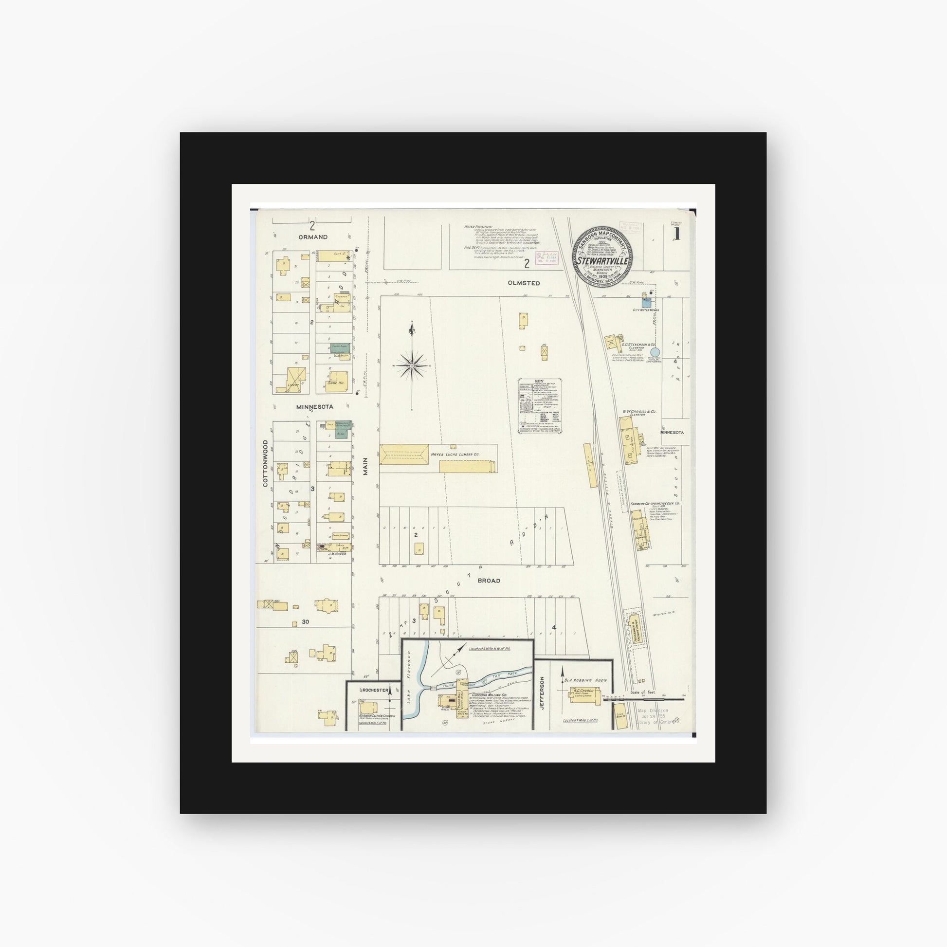 Old map wall art mockup — black gallery frame with white mat — Sanborn Fire Insurance Map from Stewartville, Olmsted County, Minnesota (1909) - Complete Map Set