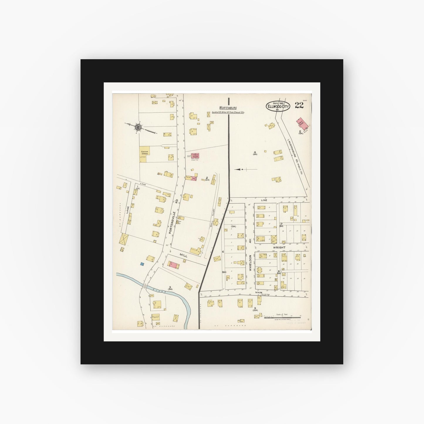 Old map wall art mockup — black gallery frame with white mat — Sanborn Fire Insurance Map from Ellwood City, Lawrence County, Pennsylvania (1921), Sheet #0022