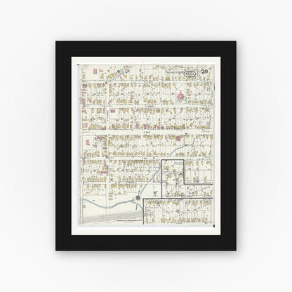 Old map wall art mockup — black gallery frame with white mat — Sanborn Fire Insurance Map from Xenia, Greene County, Ohio (1919), Sheet #0020