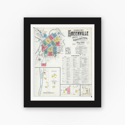 Old map wall art mockup — black gallery frame with white mat — Sanborn Fire Insurance Map from Greenville, Darke County, Ohio (1905), Sheet #0001