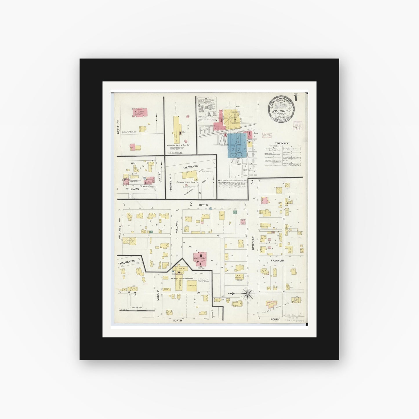 Old map wall art mockup — black gallery frame with white mat — Sanborn Fire Insurance Map from Archbold, Fulton County, Ohio (1908) - Complete Map Set