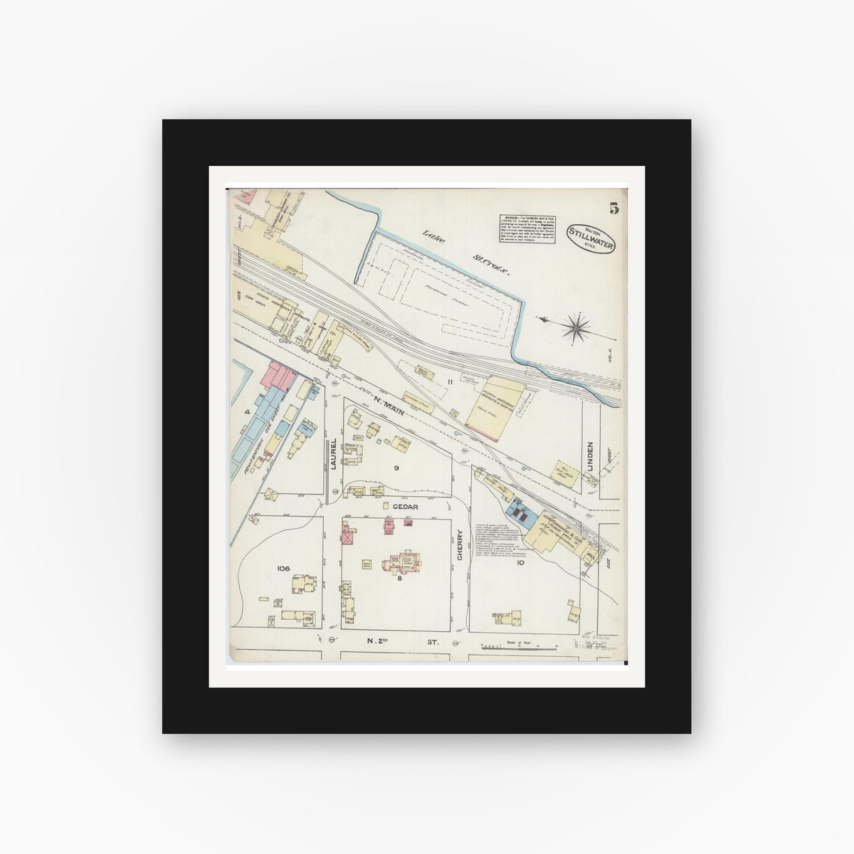 Old map wall art mockup — black gallery frame with white mat — Sanborn Fire Insurance Map from Stillwater, Washington County, Minnesota (1884), Sheet #0005