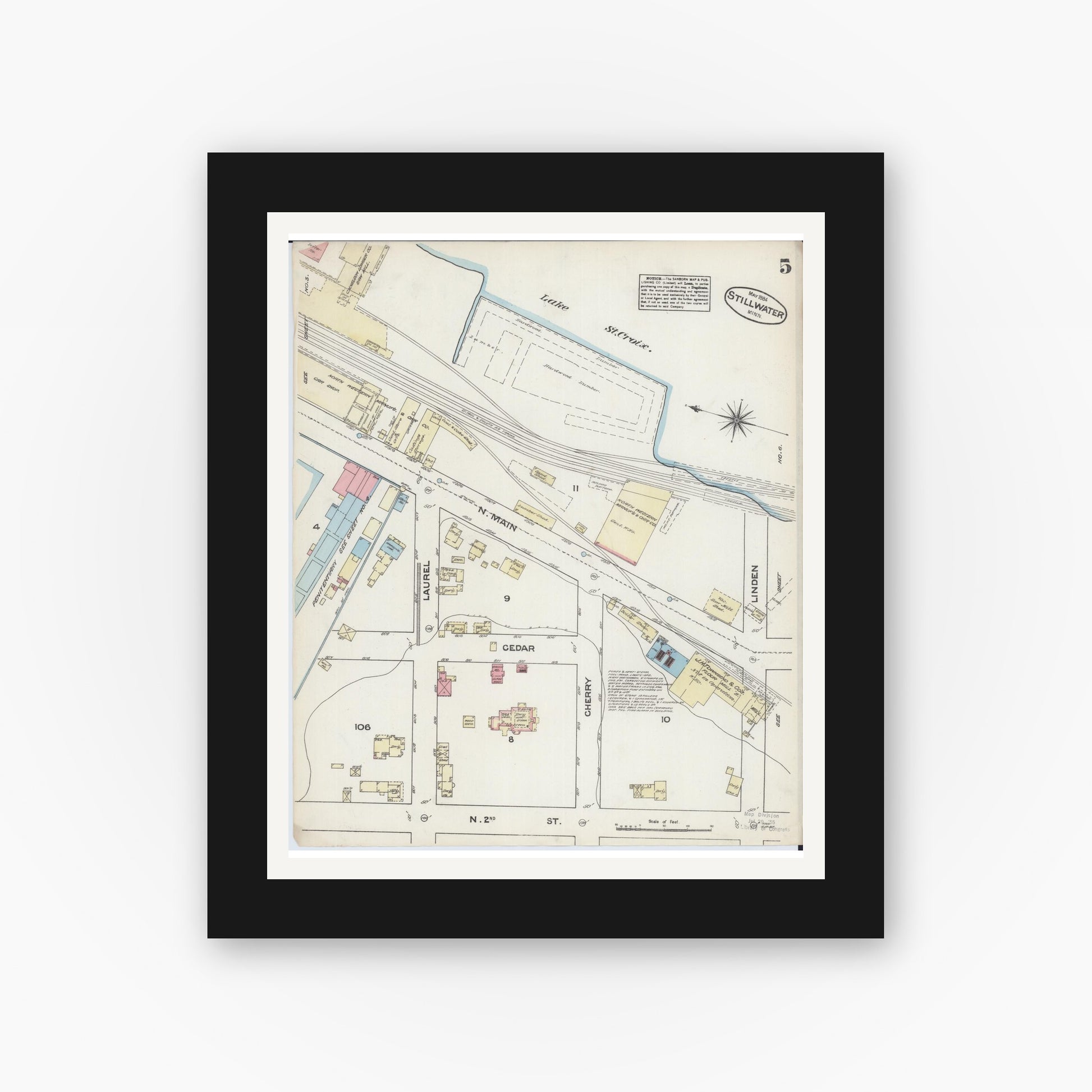 Old map wall art mockup — black gallery frame with white mat — Sanborn Fire Insurance Map from Stillwater, Washington County, Minnesota (1884), Sheet #0005