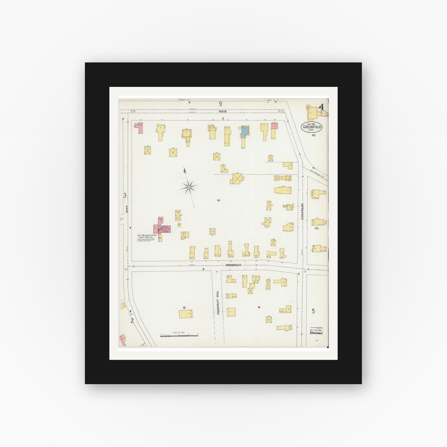 Old map wall art mockup — black gallery frame with white mat — Sanborn Fire Insurance Map from Greenfield, Franklin County, Massachusetts (1902), Sheet #0004