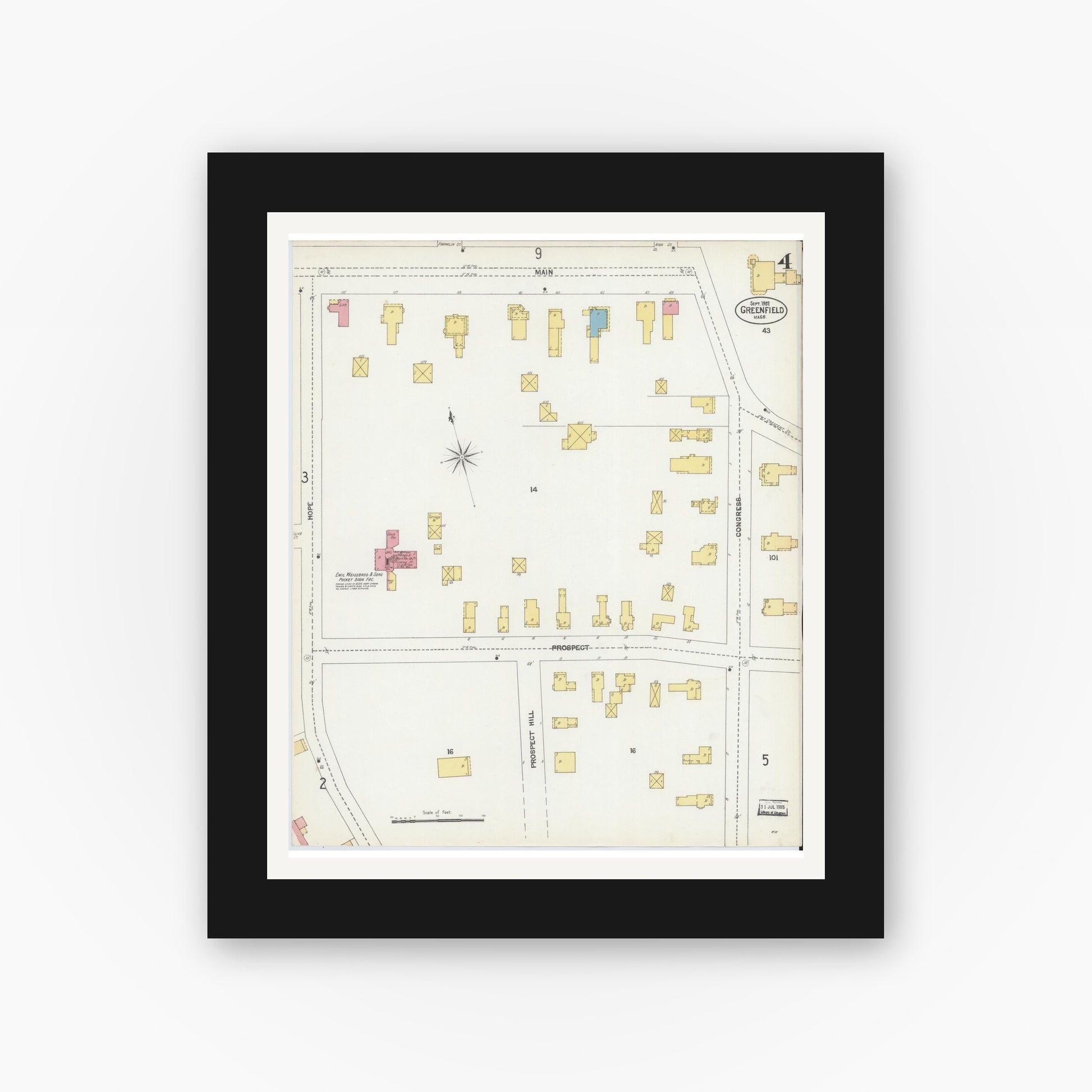 Old map wall art mockup — black gallery frame with white mat — Sanborn Fire Insurance Map from Greenfield, Franklin County, Massachusetts (1902), Sheet #0004