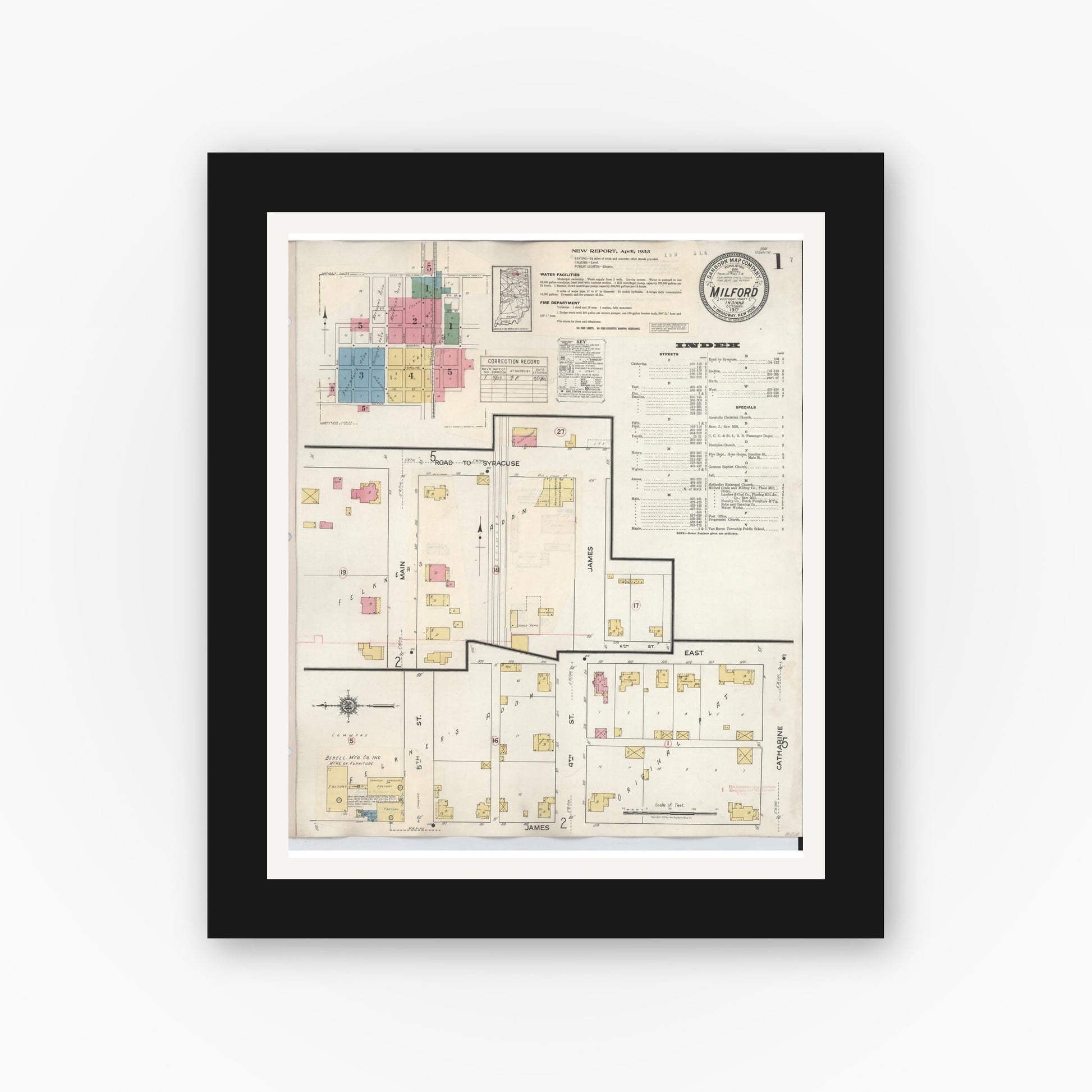 Old map wall art mockup — black gallery frame with white mat — Sanborn Fire Insurance Map from Milford, Kosciusko County, Indiana (1933) - Complete Map Set