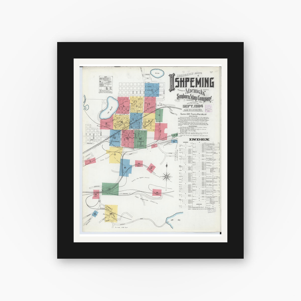 Old map wall art mockup — black gallery frame with white mat — Sanborn Fire Insurance Map from Ishpeming, Marquette County, Michigan (1904), Sheet #0001
