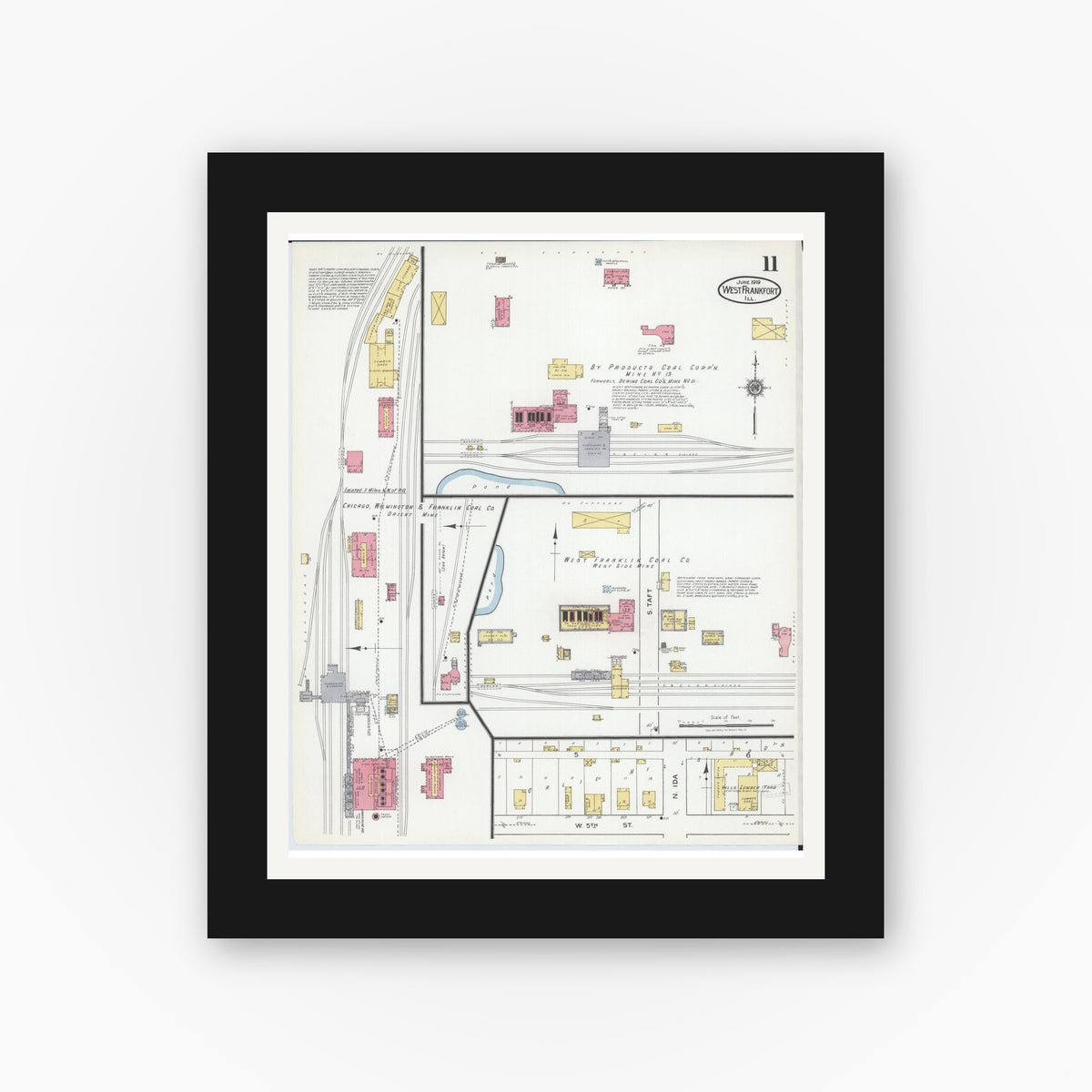 Old map wall art mockup — black gallery frame with white mat — Sanborn Fire Insurance Map from West Frankfort, Franklin County, Illinois (1919), Sheet #0011