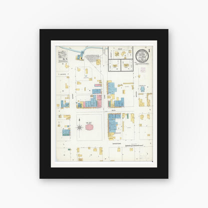 Old map wall art mockup — black gallery frame with white mat — Sanborn Fire Insurance Map from Llano, Llano County, Texas (1905), Sheet #0001