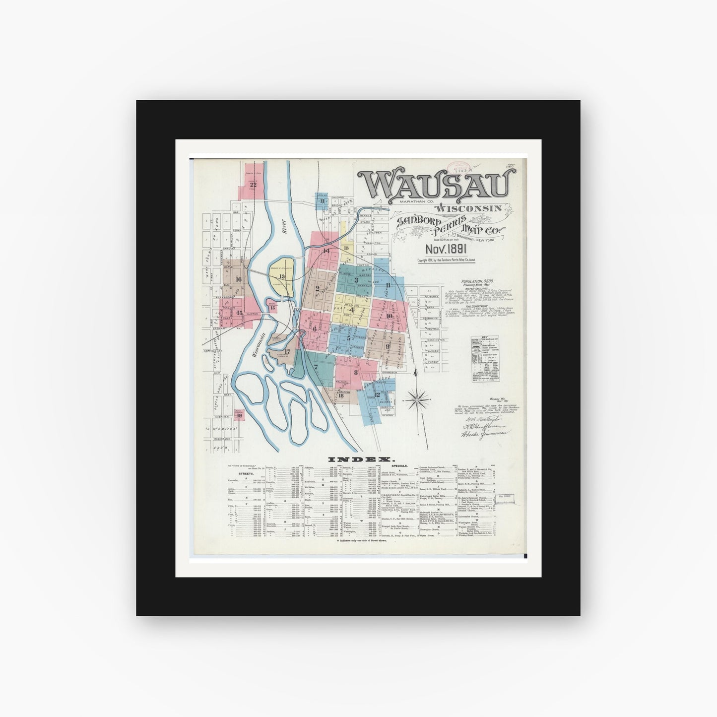 Old map wall art mockup — black gallery frame with white mat — Sanborn Fire Insurance Map from Wausau, Marathon County, Wisconsin (1891) - Complete Map Set