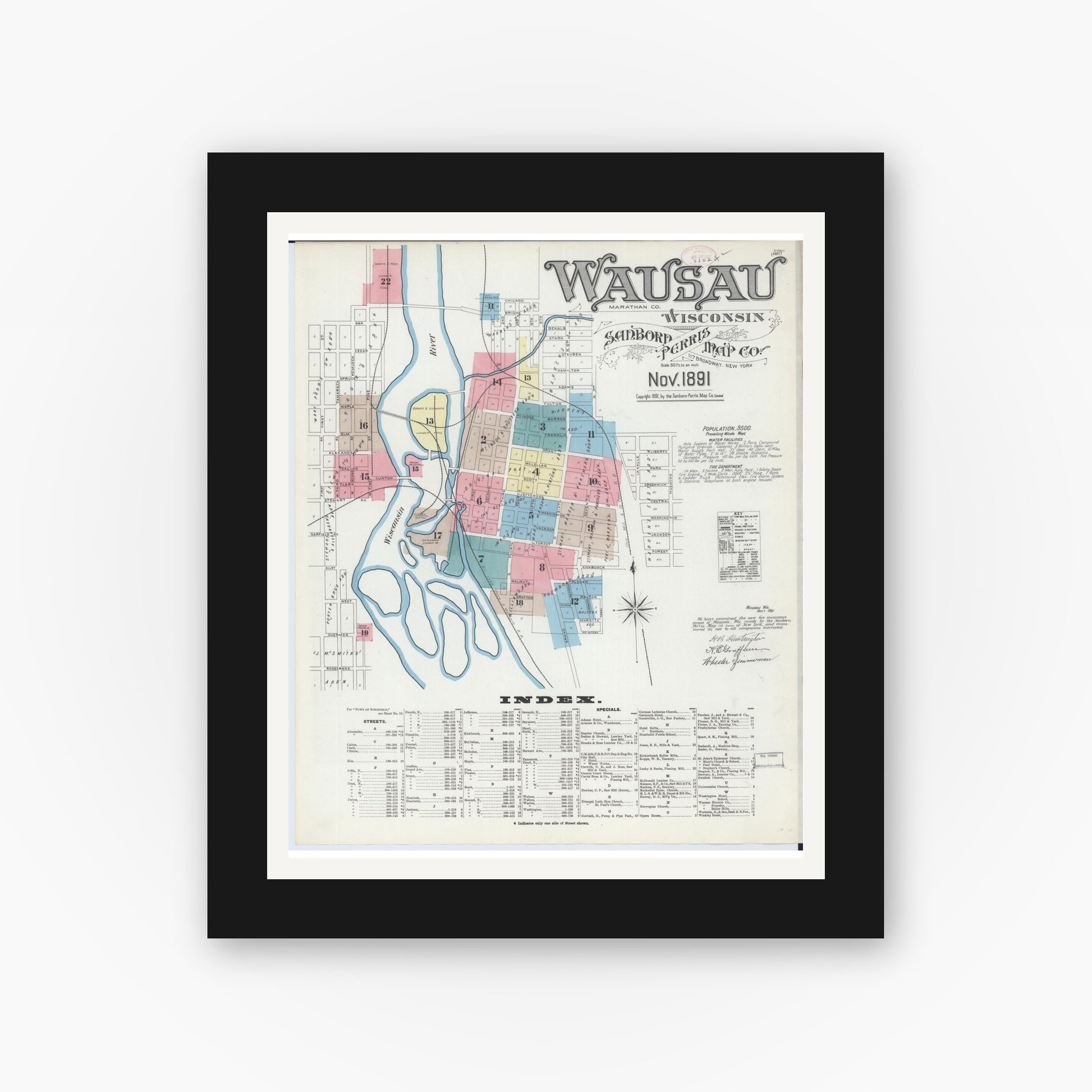 Old map wall art mockup — black gallery frame with white mat — Sanborn Fire Insurance Map from Wausau, Marathon County, Wisconsin (1891) - Complete Map Set