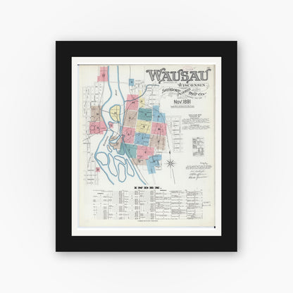Old map wall art mockup — black gallery frame with white mat — Sanborn Fire Insurance Map from Wausau, Marathon County, Wisconsin (1891) - Complete Map Set