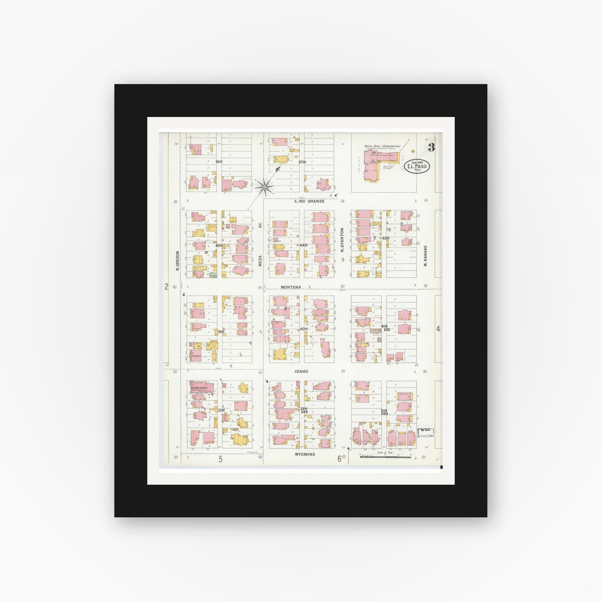 Old map wall art mockup — black gallery frame with white mat — Sanborn Fire Insurance Map from El Paso, El Paso County, Texas (1900), Sheet #0003