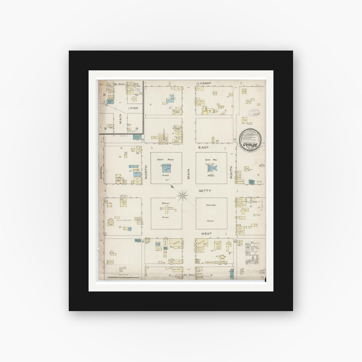 Old map wall art mockup — black gallery frame with white mat — Sanborn Fire Insurance Map from Uvalde, Uvalde County, Texas (1885), Sheet #0001