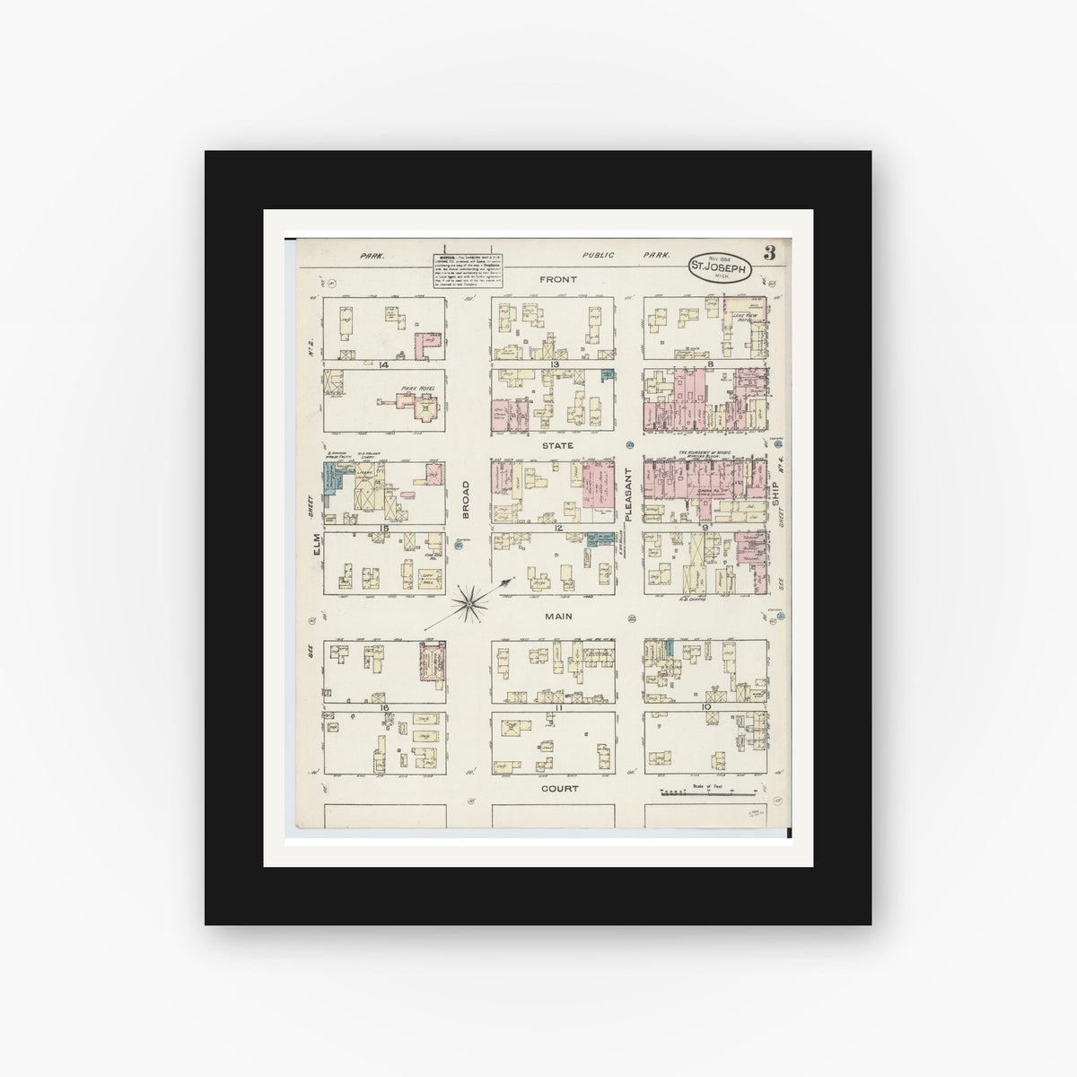Old map wall art mockup — black gallery frame with white mat — Sanborn Fire Insurance Map from Saint Joseph, Berrien County, Michigan (1884), Sheet #0003