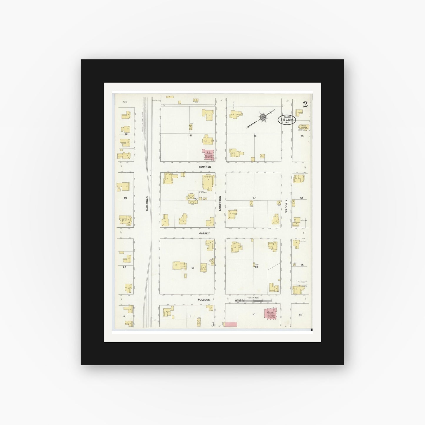 Old map wall art mockup — black gallery frame with white mat — Sanborn Fire Insurance Map from Selma, Johnston County, North Carolina (1911), Sheet #0002